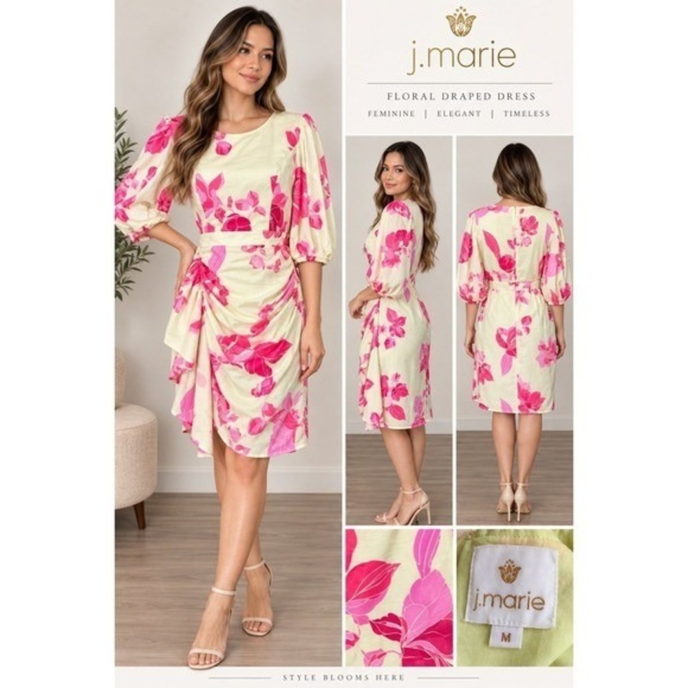 j.marie Floral Draped Dress Yellow Pink Puff Sleeve Ruched Midi Size M